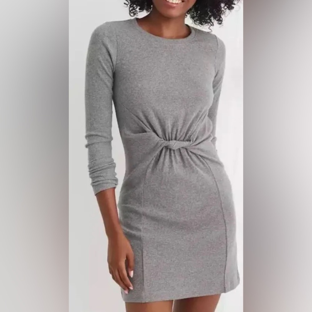 Aerie Gray Ribbed Bodycon Dress Long Sleeve